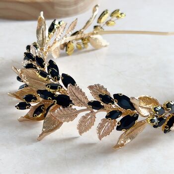 Black Crystal And Gold Leaf Bridal Crown, 6 of 7