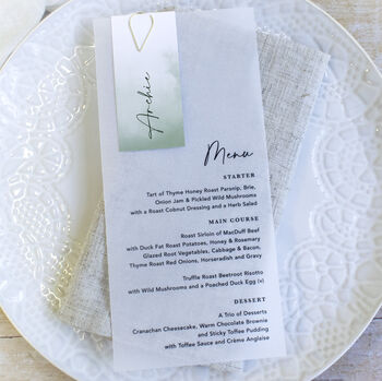 Sage Green Vellum Wedding Menu With Guest Name Card, 2 of 4