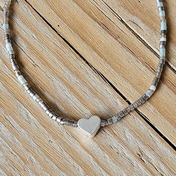 Seed Bead Bracelet In Grey With Heart Charm, 2 of 3