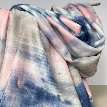 Watercolour Colourblock Border Scarf In Navy And Pink, 2 of 3