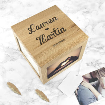 Personalised Couple's Heart Oak Photo Keepsake Box, 4 of 6