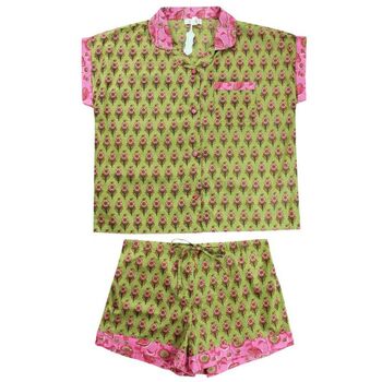 Block Printed Green And Pink Floral Cotton Short Pyjama Set, 5 of 5