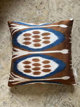 Square Ikat Silk Cushion Blue, Brown And White Abstract Design, 6 of 10