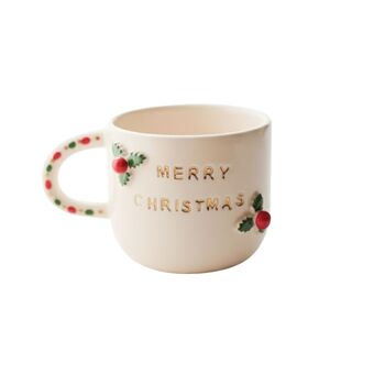 Handmade Merry Christmas Ceramic Mug With Holly Detailing And Festive Handle, 2 of 3