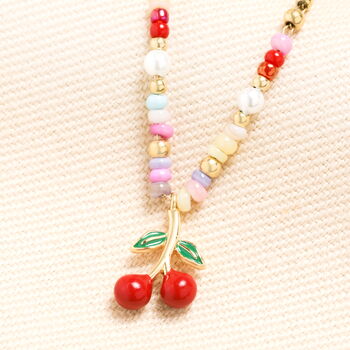 Stainless Steel Multicolour Beaded Cherry Charm Necklace In Gold Plating, 2 of 5