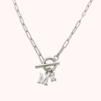 Silver Initial And Birthstone Paperclip T Bar Necklace, 2 of 6