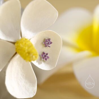 Pair Of Very Tiny Ruby Pink Cz Flower Stud Earrings In Sterling Silver, 3 of 12