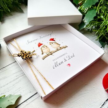 Mum And Dad Robin Christmas Card. Customisable, 4 of 5