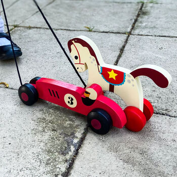 Children's Wooden Toy Pull Along Vintage Racing Car, 4 of 5