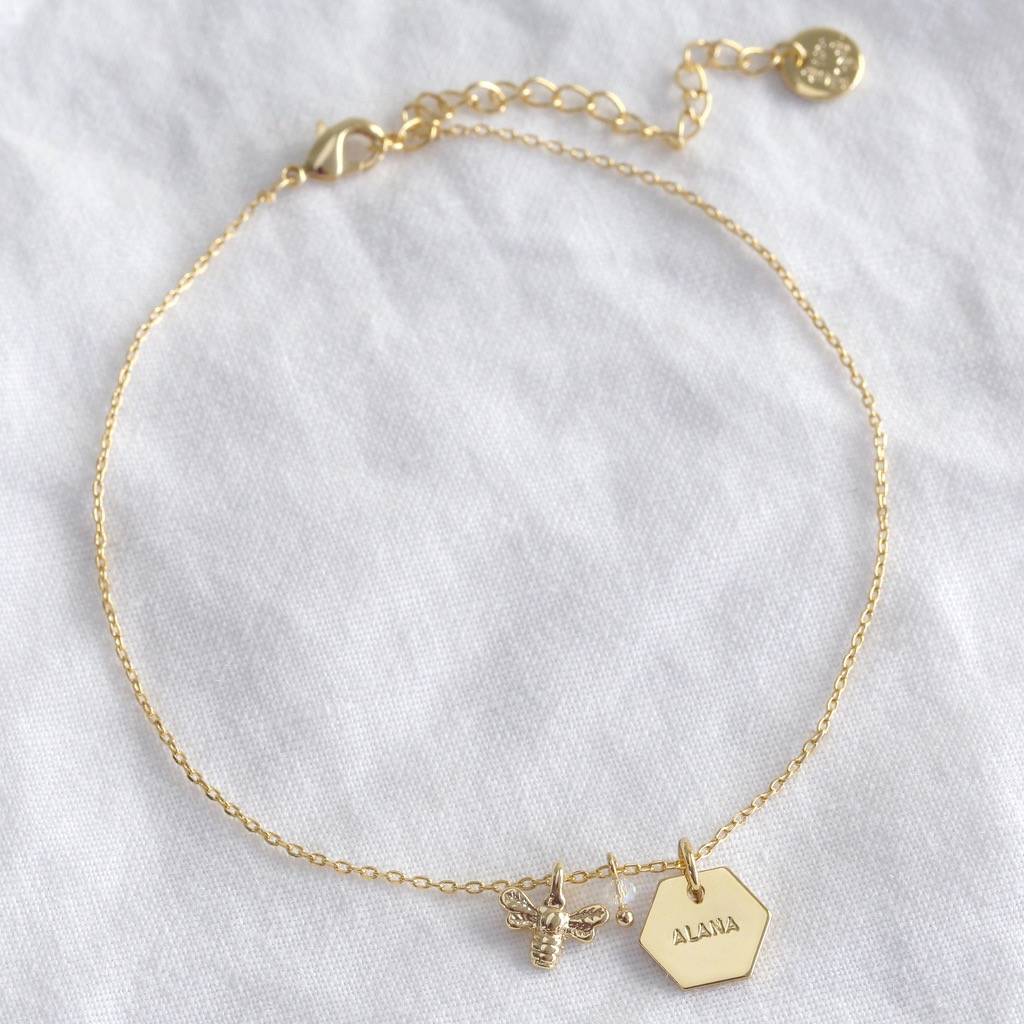 Personalised Gold Plated Bee Charm Anklet, 1 of 5