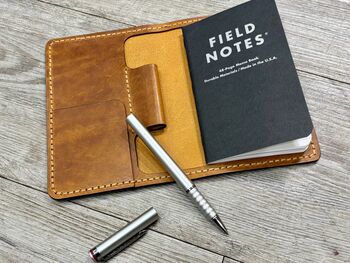 Leather Pocket A6 Journal Cover, Burnt Tan, Personalised Refillable Notebook, 2 of 12