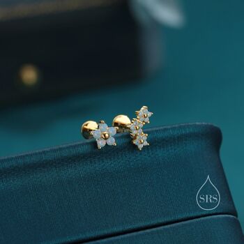 Asymmetric Blue Opal Cz Forget Me Not Flower Bouquet Internally Threaded Flat Back In Sterling Silver, 2 of 12