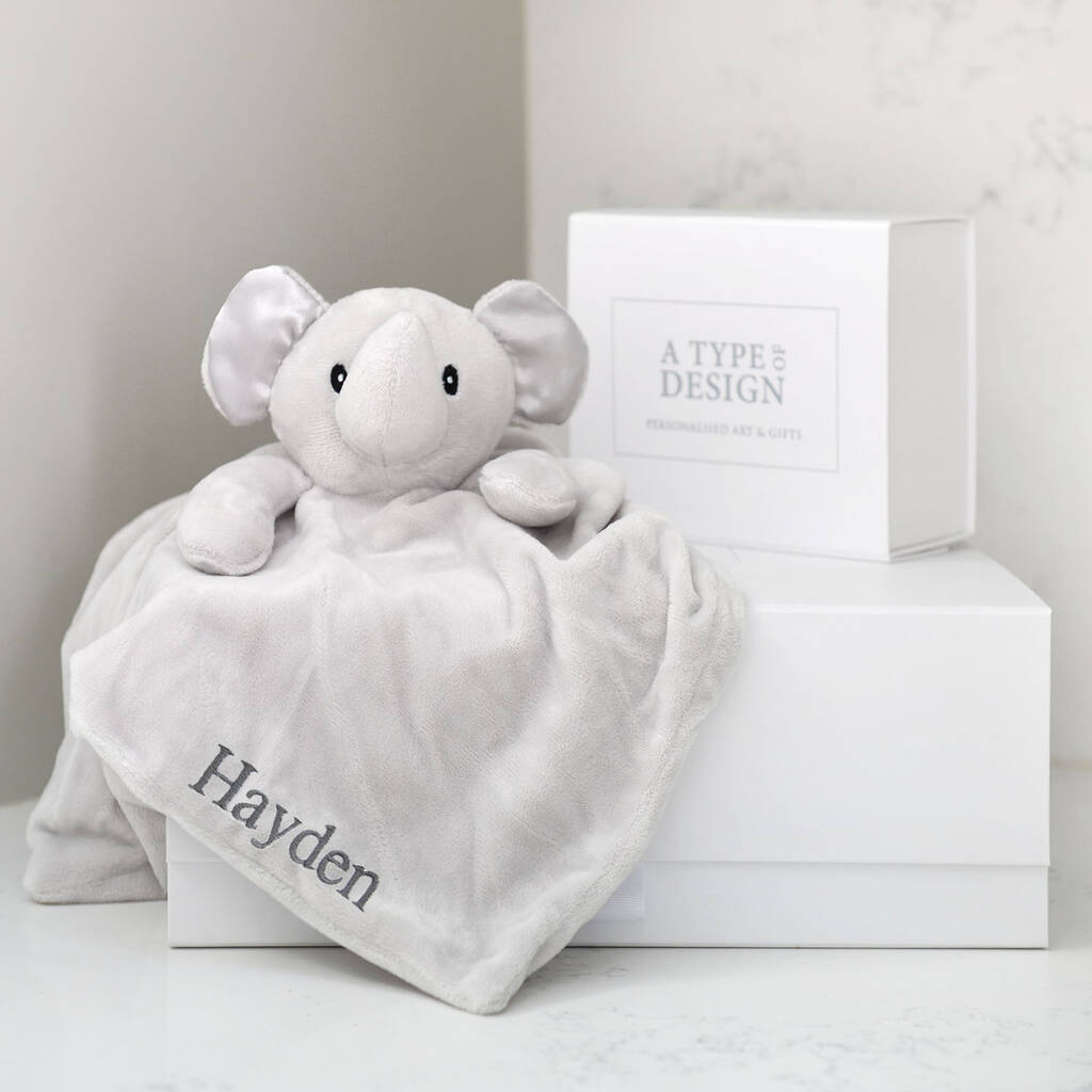 personalised grey elephant baby comforter by a type of design