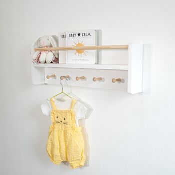 Nursery Shelf With Rail And Pegs For Nursery Wall Decor, 2 of 12
