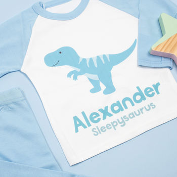 Personalised Dinosaur Blue / Pink Kids Pyjamas / Pjs, 2 of 2