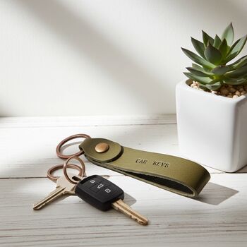 Olive Green Mini Leather Keychain Anniversary Gift, 2 of 5