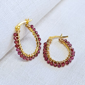 Gold Oval Hoop Earrings With Garnet Gemstones, 2 of 5