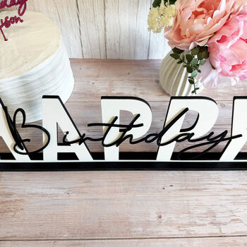 Elegant Happy Birthday Wood Sign And Mirrored Acrylic Sign, 7 of 9