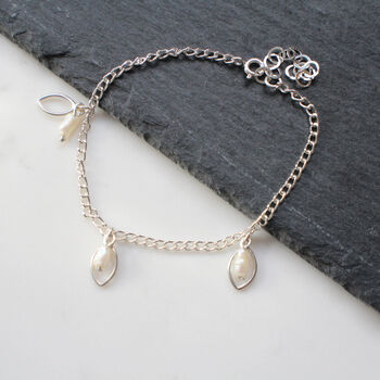 Pearl And Leaf Charm Bracelet In Silver Or 9ct Gold, 5 of 5