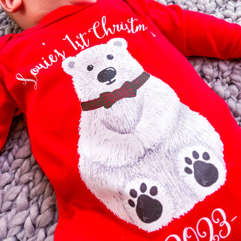Personalised Cute Polar Bear 1st Christmas Sleepsuit, 3 of 5