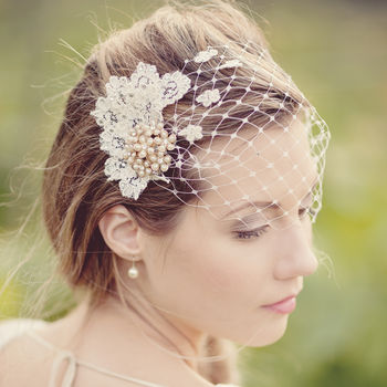 Vintage Brooch Short Birdcage Wedding Veil By Silver Sixpence In Her Vintage Brooch Short Birdcage Wedding Veil