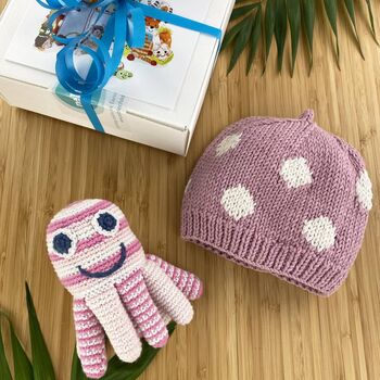 Baby Toy Gift Set Pink Octopus And Pink Spotty Hat, 2 of 2