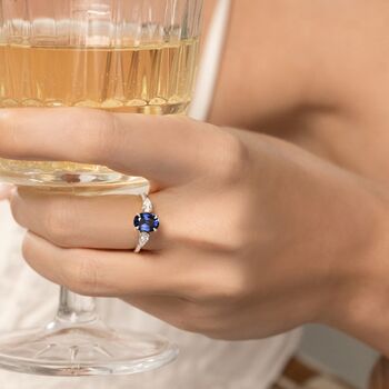 Blue Sapphire Oval Cut Three Stone Engagement Ring In Sterling Silver, 6 of 12