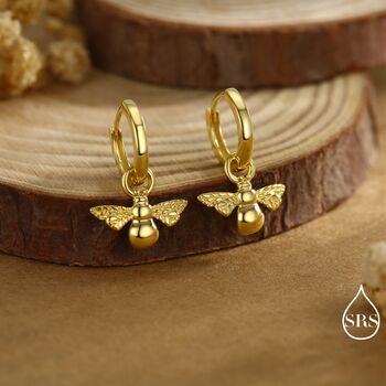 Sterling Silver Dangling Bee Hoop Earrings, 5 of 11