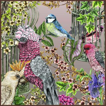 Wild Captivity Birds And Bird Cages Cushion With Flowers In Luxury Velvet On Dusty Pink, 9 of 10