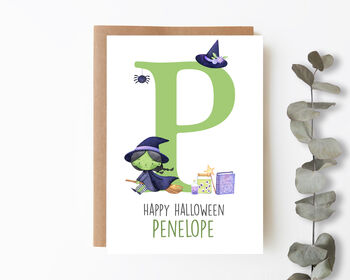 Personalised Kids Halloween Card Green Witch, 3 of 3