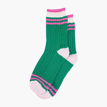 Glitter Mid Calf Ribbed Cotton Socks Varsity Striped Cuff Green Pink, 4 of 4