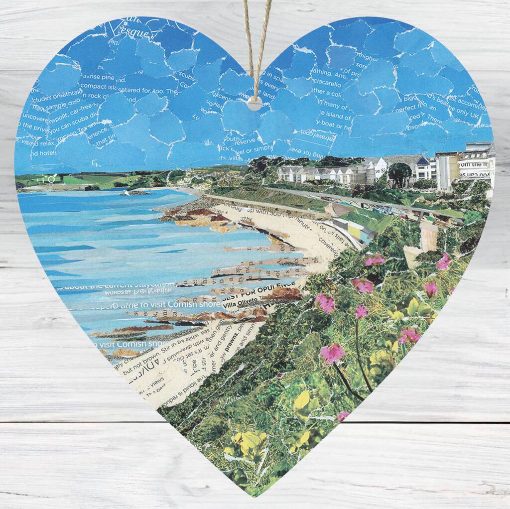 Castle Beach Wooden Hanging Heart, Collage Art Of Cornwall, 1 of 2