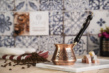 Handmade Dark Copper Turkish Coffee Pot Wooden Handle, 3 of 3