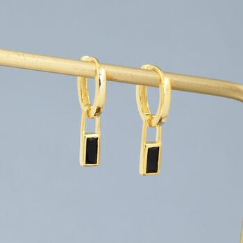 Sterling Silver Black Baguette Cut Cz Huggie Hoop Earrings, 4 of 12