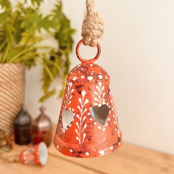 Orange Terracotta Red Hand Painted Hanging Heart Bell, 8 of 8