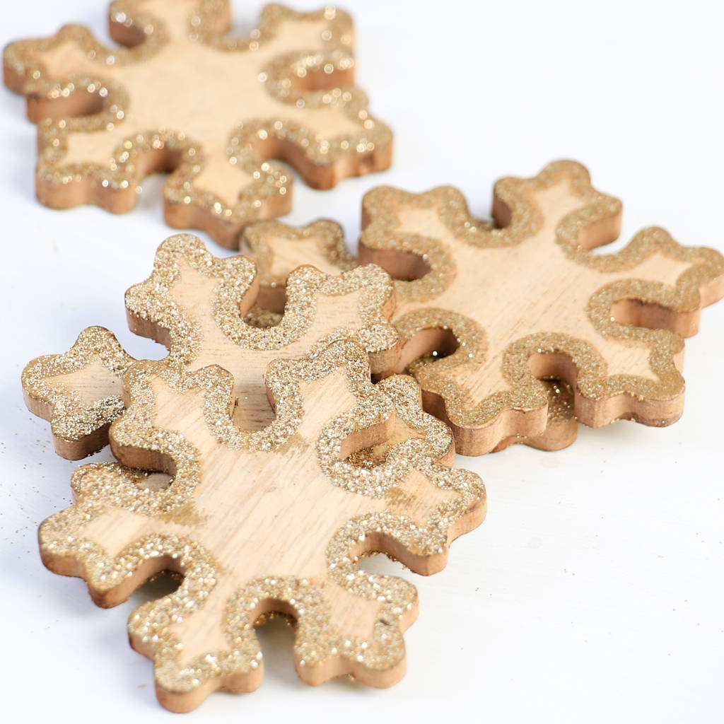 Set Of Ten Wooden Glitter Snowflake Table Decorations By Dibor