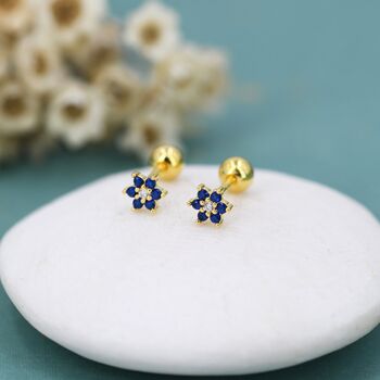 Sapphire Blue Cz Flower Stud Earrings Sterling Silver, 10 of 12