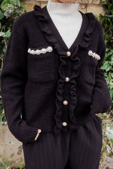 Black Frill Pocket And Pearl Cardigan, 3 of 5