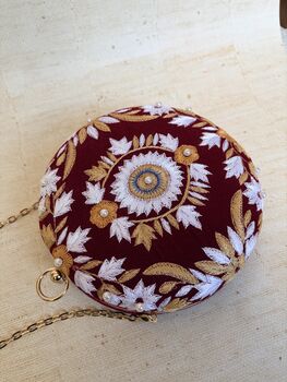 Maroon Floral Velvet Round Clutch, 5 of 6