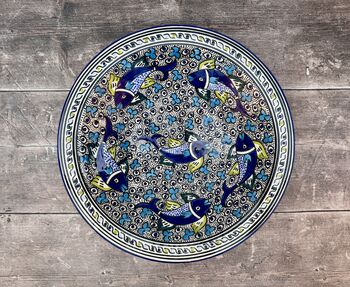 Dark Blue Fish Patterned Bowl With Flat Rim, 38cm, 3 of 4