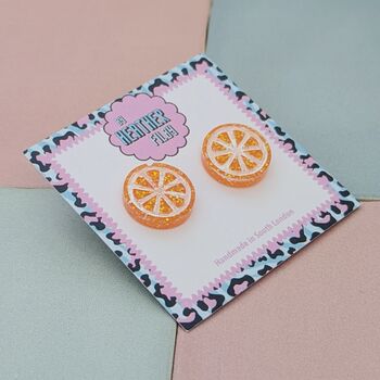 Orange Glitter Orange Slice Stud Earrings, 2 of 5