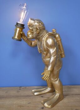 Large Gold Scuba Diving Monkey Lamp, 2 of 3