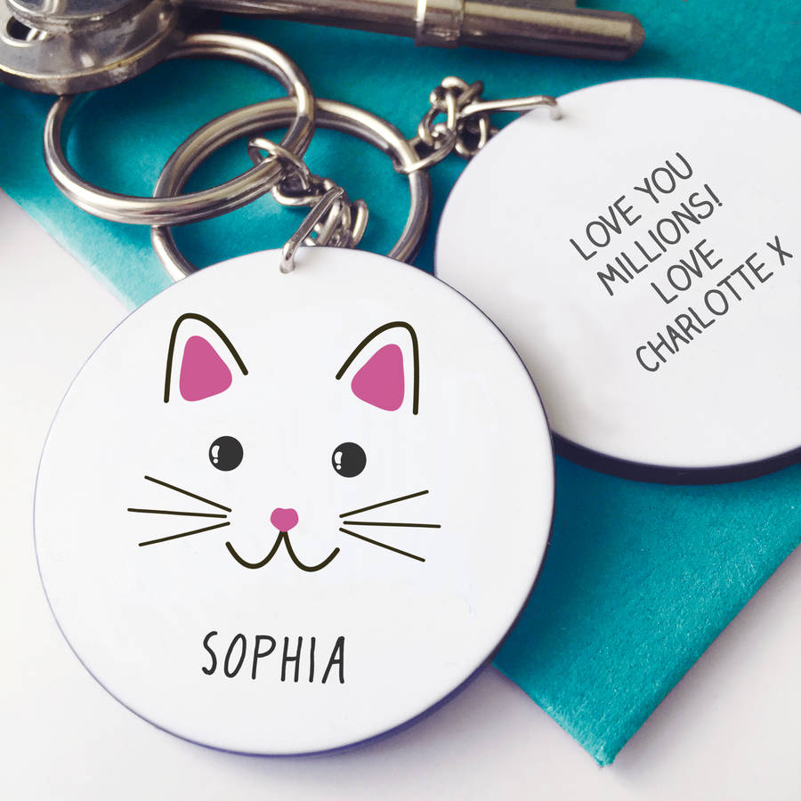 Image of Personalised Cute Cat Face Keyring