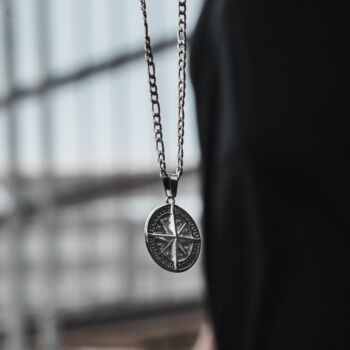 Mens Compass Necklace Steel Pendant With Chain, 5 of 12