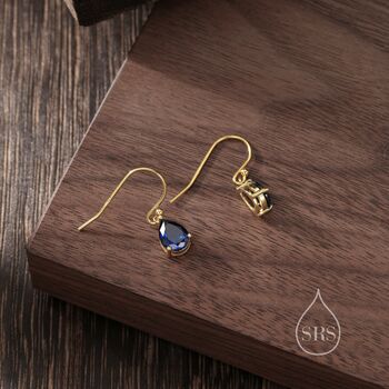 Sterling Silver Sapphire Blue Pear Cut Cz Drop Earrings, 4 of 12