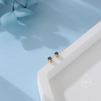 Sterling Silver Very Tiny 2mm Sapphire Blue Cz Stud Earrings, 4 of 12
