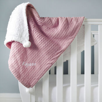 Personalised Twins Dusty Pink Cable Knit Pom Pom Blankets, 8 of 11