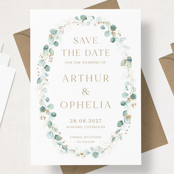 Save The Date Cards With Green And Gold Leaf, 2 of 6