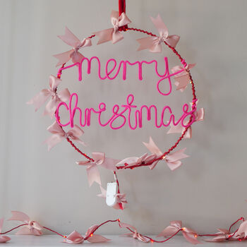 Merry Christmas Satin Bow Light Up Wreath | Handmade Holiday Decoration, 3 of 5