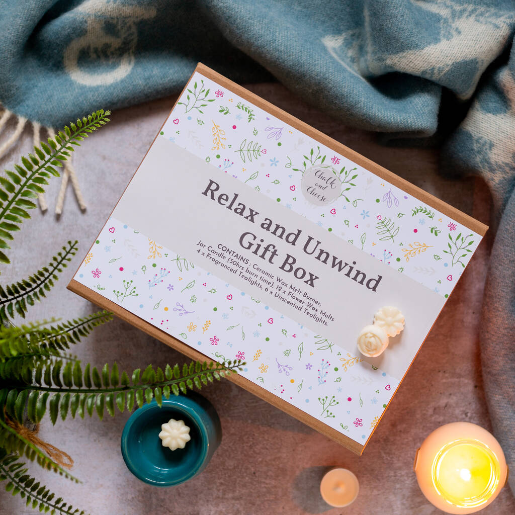 Relax And Unwind Wellbeing Candle Gift Box Hamper By Chalk and Cheese